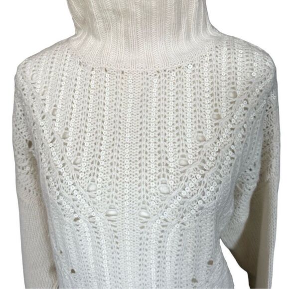 BCBGMaxAzria Gardenia Cream Sequin Merino Wool Mock Neck Tunic Sweater Sz Small - Picture 7 of 15
